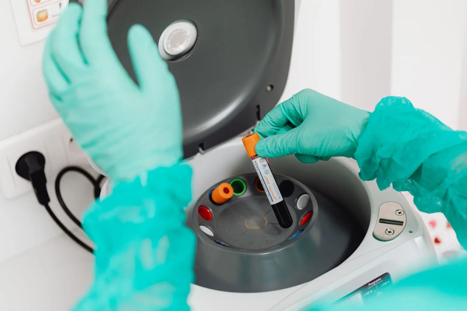 Mâini cu mănuși care așază o eprubetă cu sânge într-o centrifugă de laborator